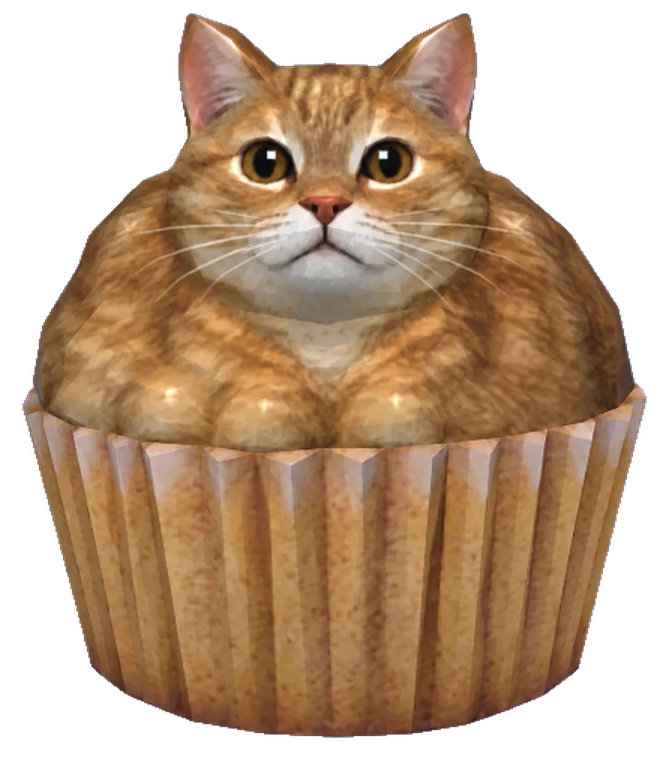 Cat Cake, a round orange tabby cat baked into a cupcake liner