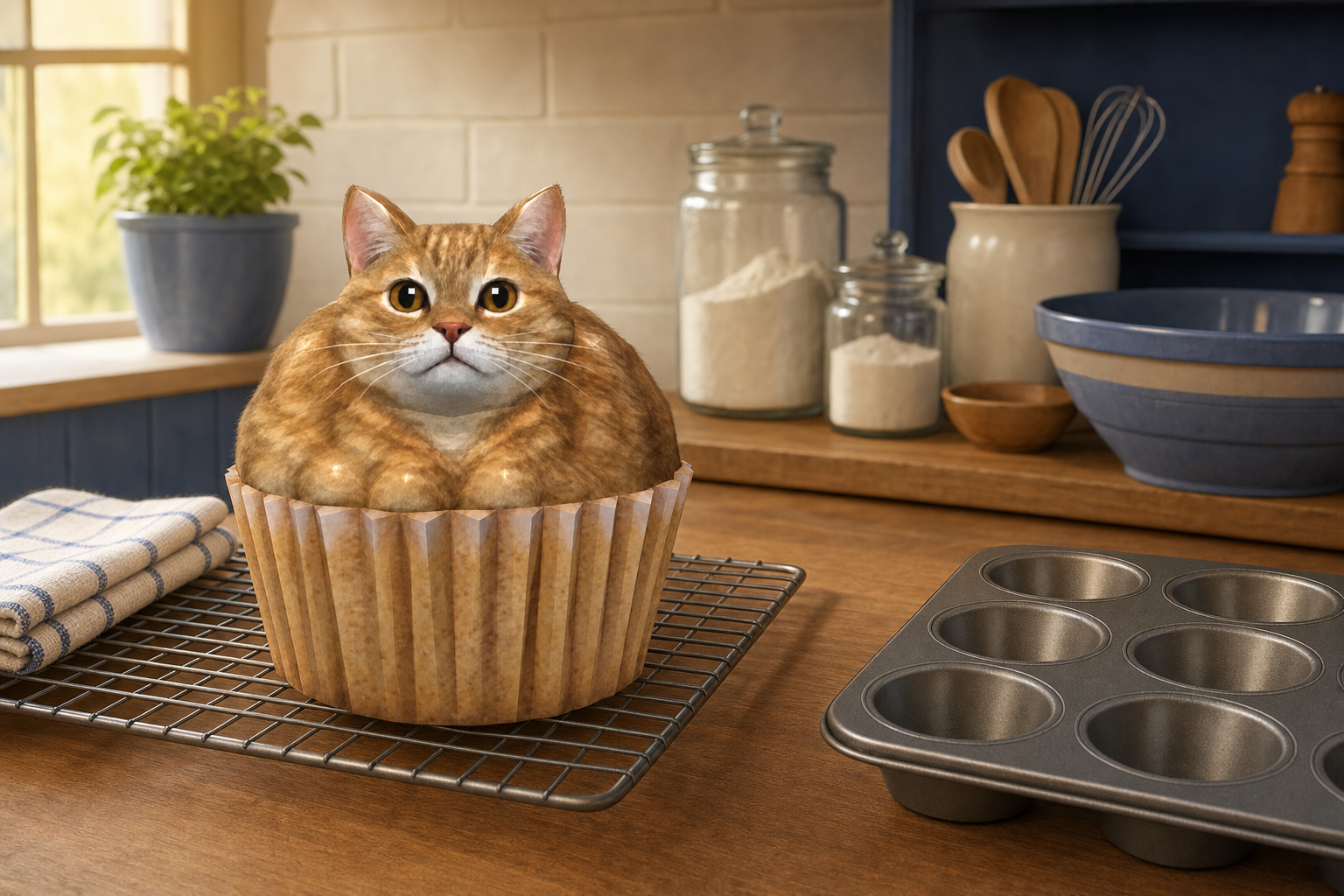 Cat Cake sitting on a cooling rack in a warm bakery kitchen beside an empty muffin tray